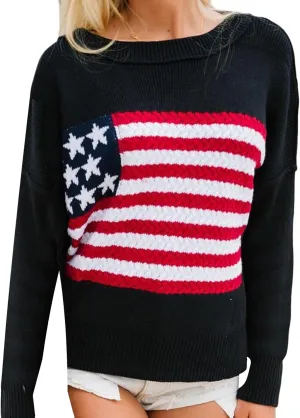 KMBANGI Women American Flag Sweater Graphic Loose Vintage Long Sleeve Crewneck Knitted Jumper Top Patriotic Pullover