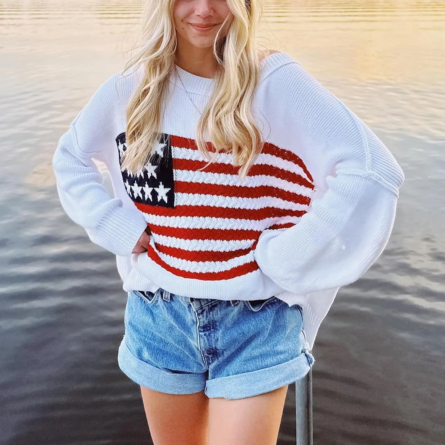 KMBANGI Women American Flag Sweater Graphic Loose Vintage Long Sleeve Crewneck Knitted Jumper Top Patriotic Pullover