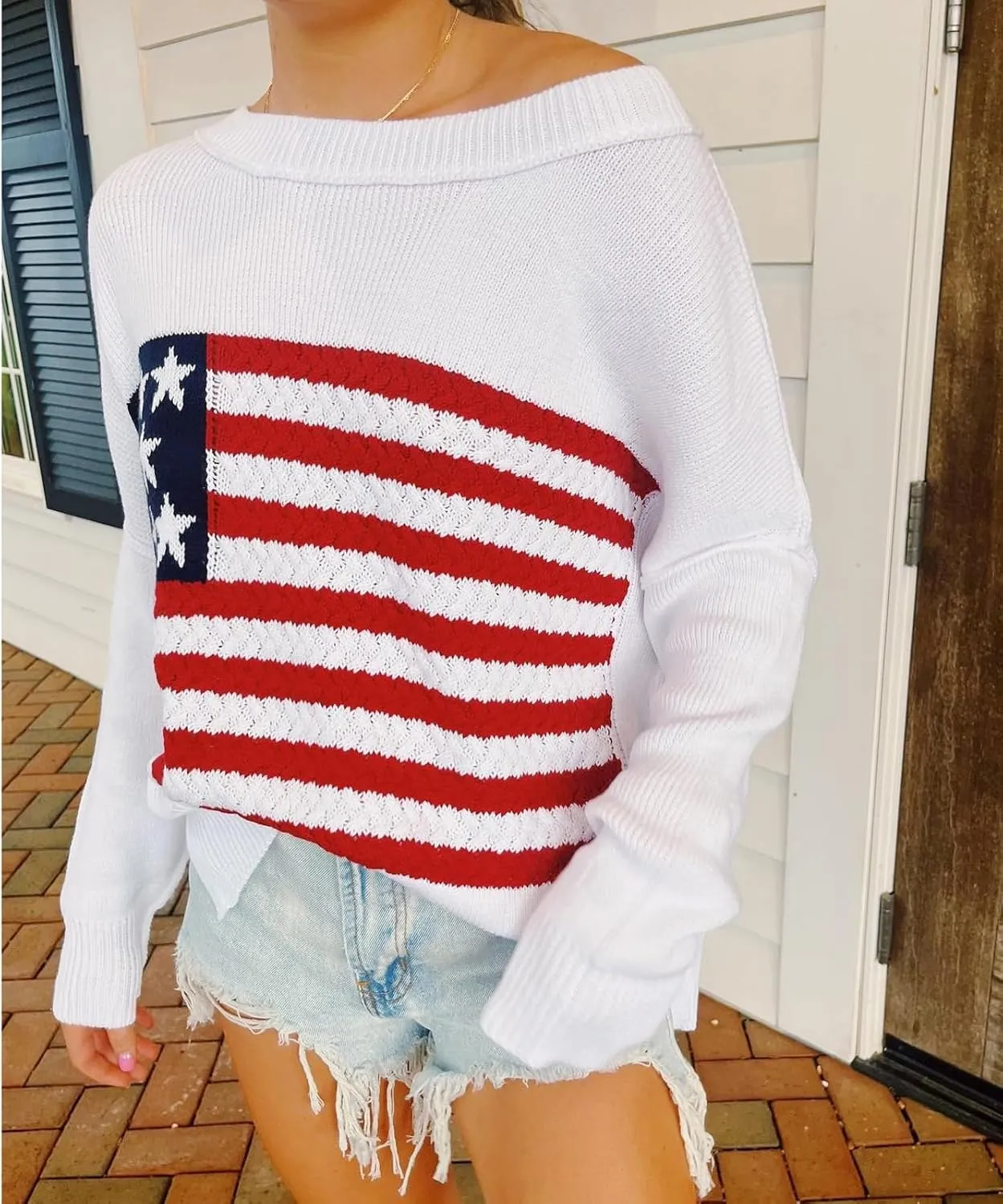 KMBANGI Women American Flag Sweater Graphic Loose Vintage Long Sleeve Crewneck Knitted Jumper Top Patriotic Pullover
