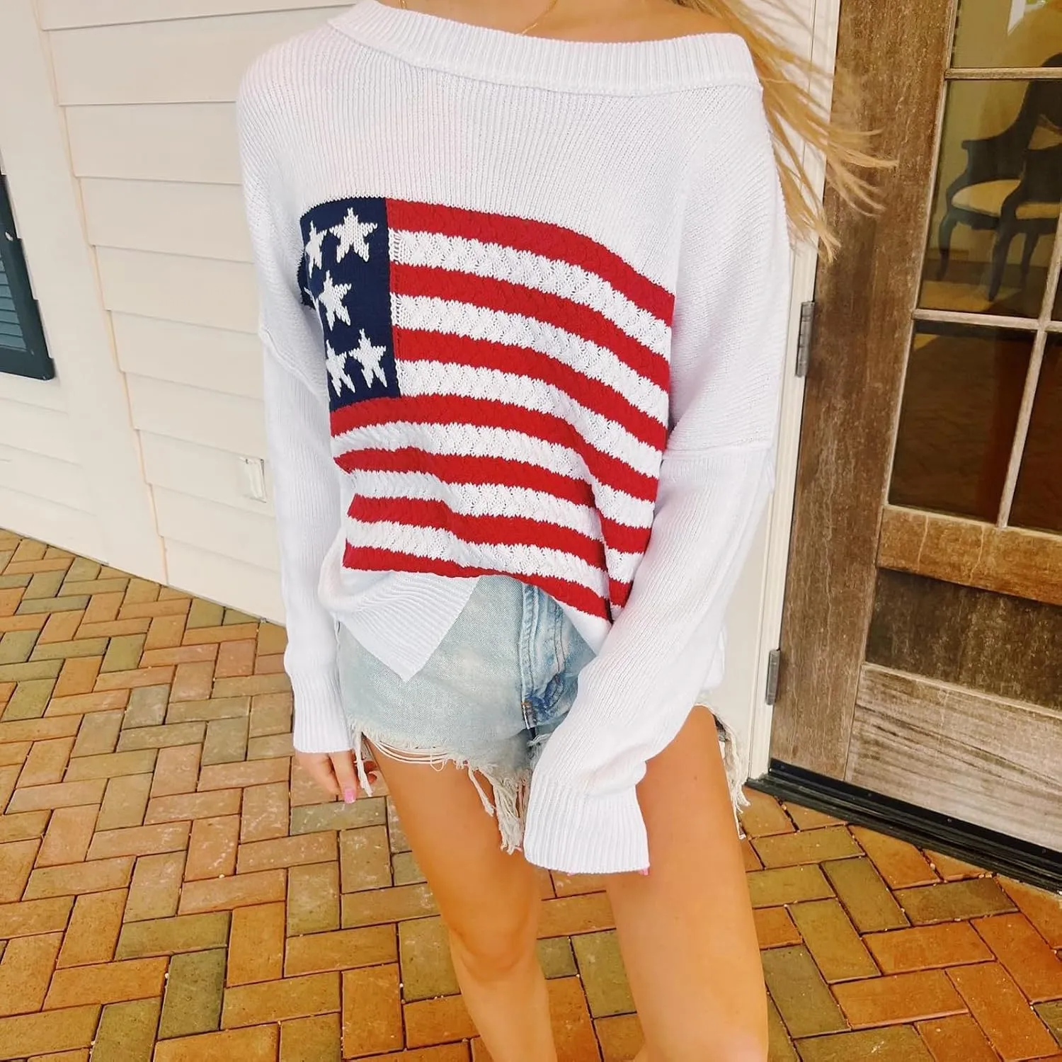 KMBANGI Women American Flag Sweater Graphic Loose Vintage Long Sleeve Crewneck Knitted Jumper Top Patriotic Pullover