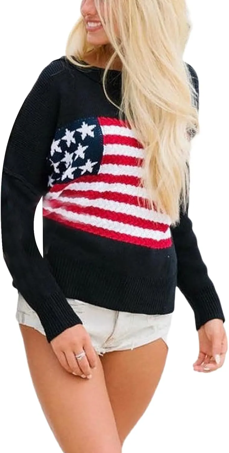 KMBANGI Women American Flag Sweater Graphic Loose Vintage Long Sleeve Crewneck Knitted Jumper Top Patriotic Pullover