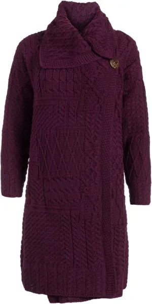 Ladies Irish Knit Caitriona Long Cardigan - 100% Merino Wool Single Button Coat