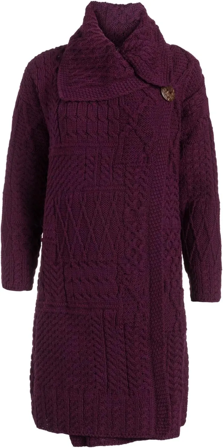Ladies Irish Knit Caitriona Long Cardigan - 100% Merino Wool Single Button Coat