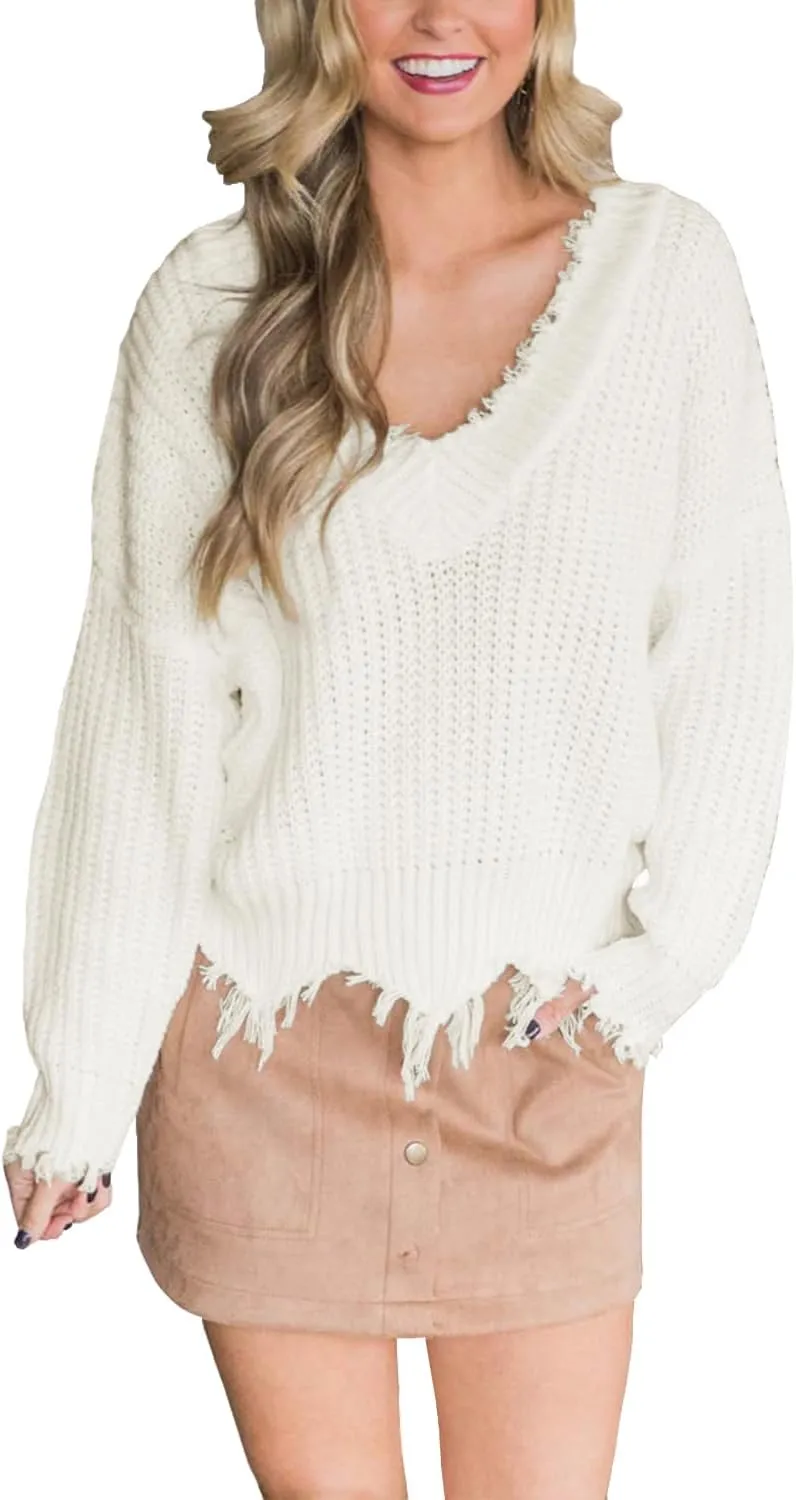 LAMISSCHE Womens Loose Knitted Off The Shoulder Sweater Solid V Neck Long Sleeve Pullover Ripped Crop Top