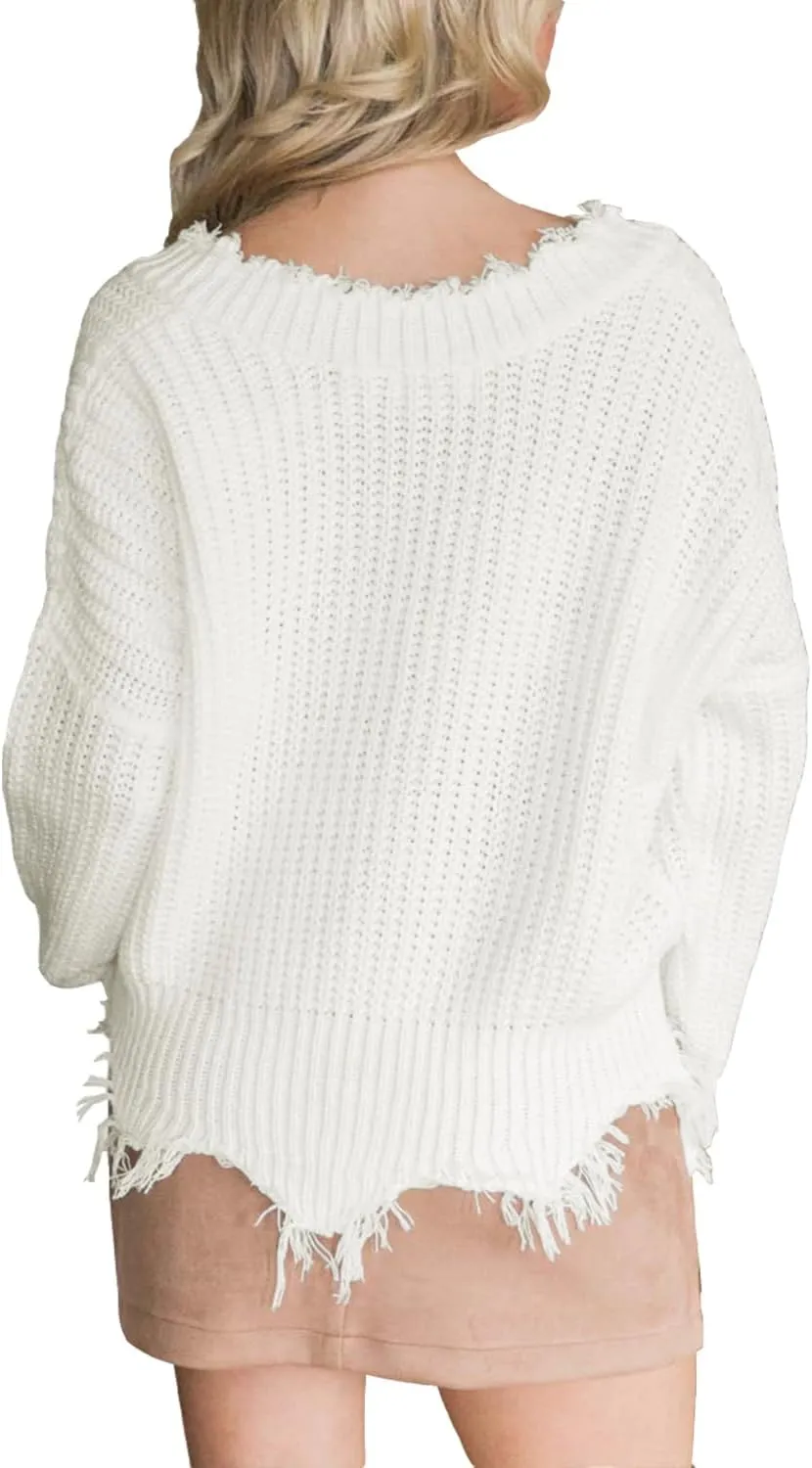 LAMISSCHE Womens Loose Knitted Off The Shoulder Sweater Solid V Neck Long Sleeve Pullover Ripped Crop Top