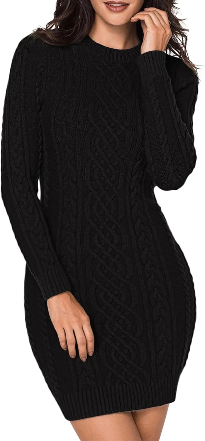LaSuiveur Women's Bodycon Pullover Mini Sweater Dresses Crew Neck Cable Knit Cocktail Party Dress