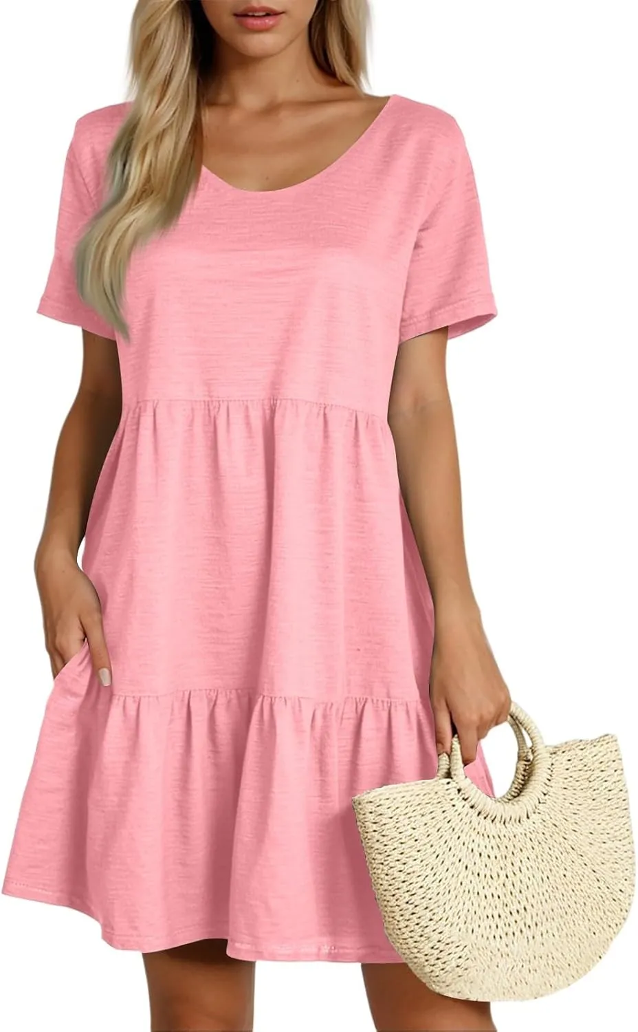 lcyhony Summer Dresses for Women 2025 Vacation Beach Short Sleeve Tshirt Dress Y2k Loose fit Scoop Neck Tiered Mini Sundress