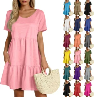 lcyhony Summer Dresses for Women 2025 Vacation Beach Short Sleeve Tshirt Dress Y2k Loose fit Scoop Neck Tiered Mini Sundress