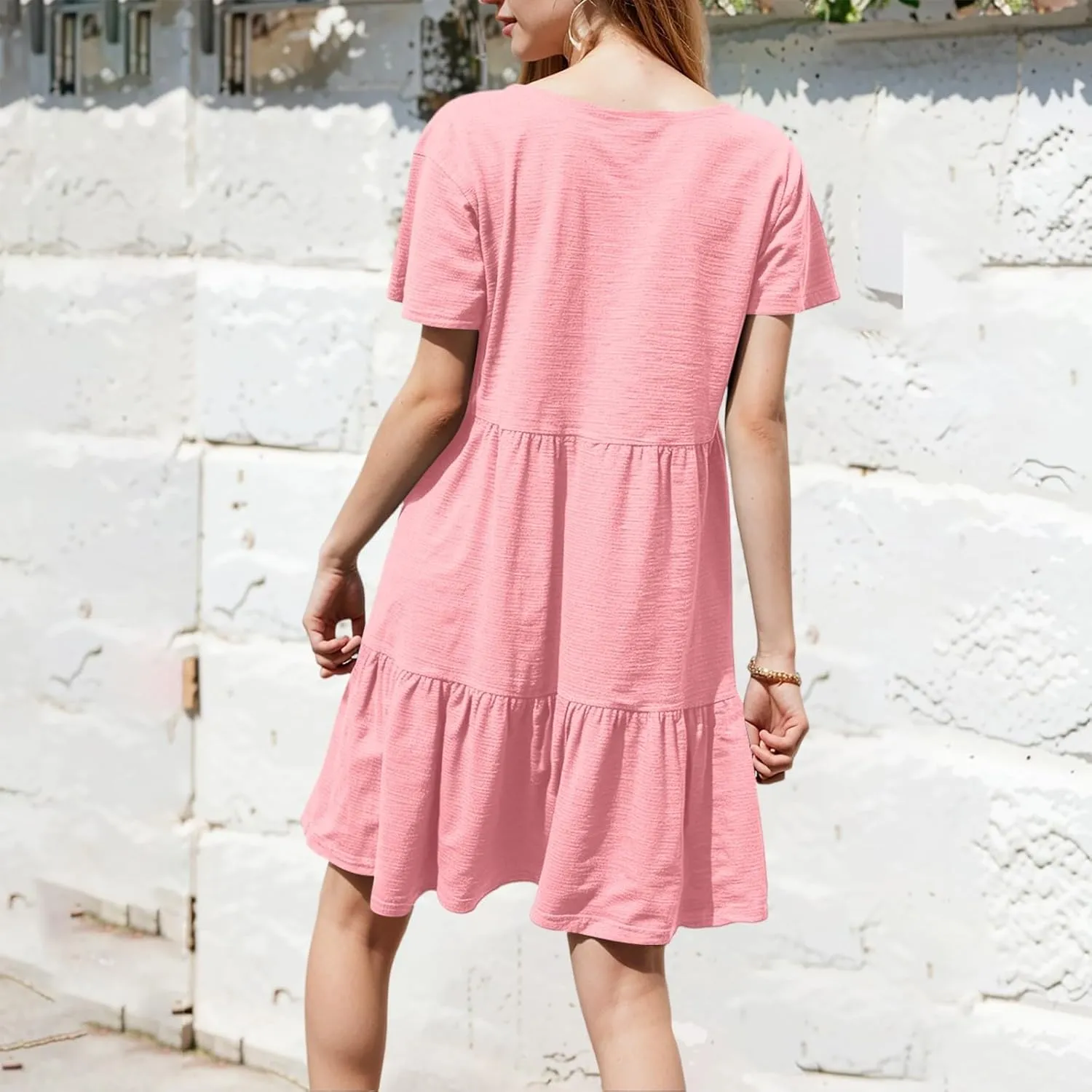 lcyhony Summer Dresses for Women 2025 Vacation Beach Short Sleeve Tshirt Dress Y2k Loose fit Scoop Neck Tiered Mini Sundress