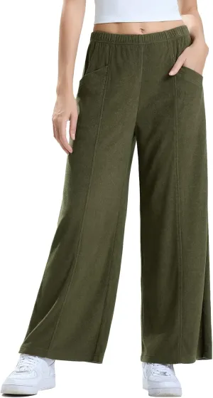 Les umes Womens Wide Leg Pants Elastic Waist Casual Slacks Trousers Loose Long Palazzo Pants with Pockets