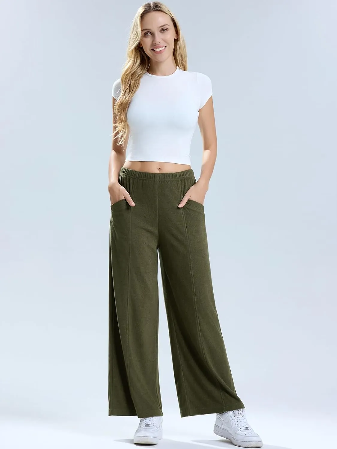 Les umes Womens Wide Leg Pants Elastic Waist Casual Slacks Trousers Loose Long Palazzo Pants with Pockets