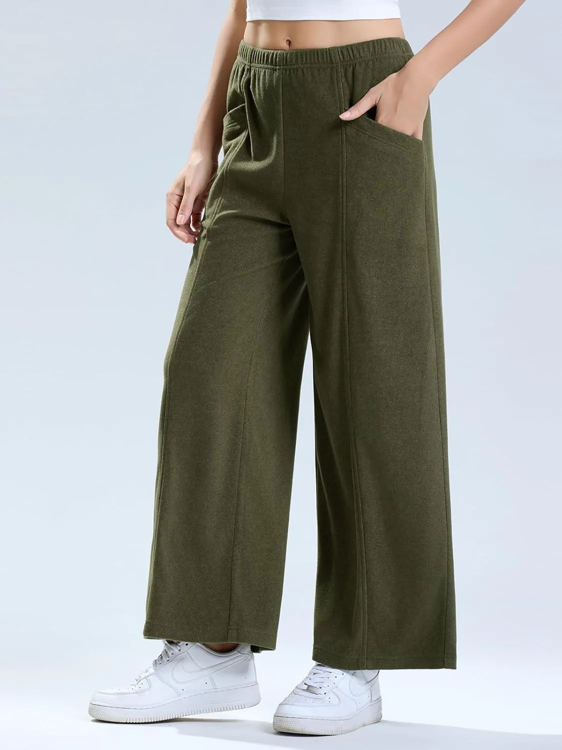 Les umes Womens Wide Leg Pants Elastic Waist Casual Slacks Trousers Loose Long Palazzo Pants with Pockets