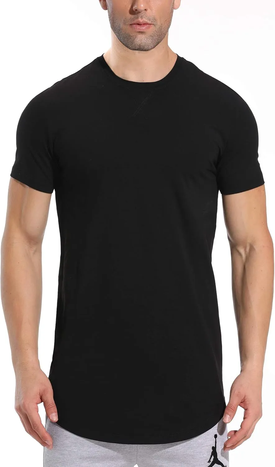 LETAOTAO Mens Hipster Longline T-Shirt Drop Cut Scallop Long Tail Slim Fit Bodybuilding Gym Muscle Workout Tee