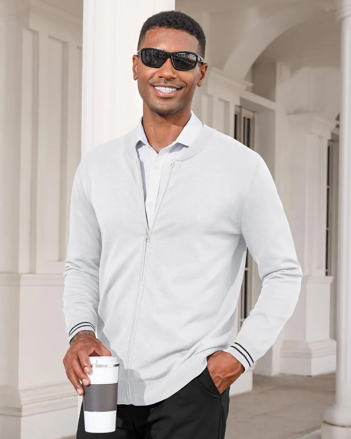 Lexiart Men's Casual Cardigan Sweaters Knitted Stand Collar Slim Fit Full-Zip Warm Jacket