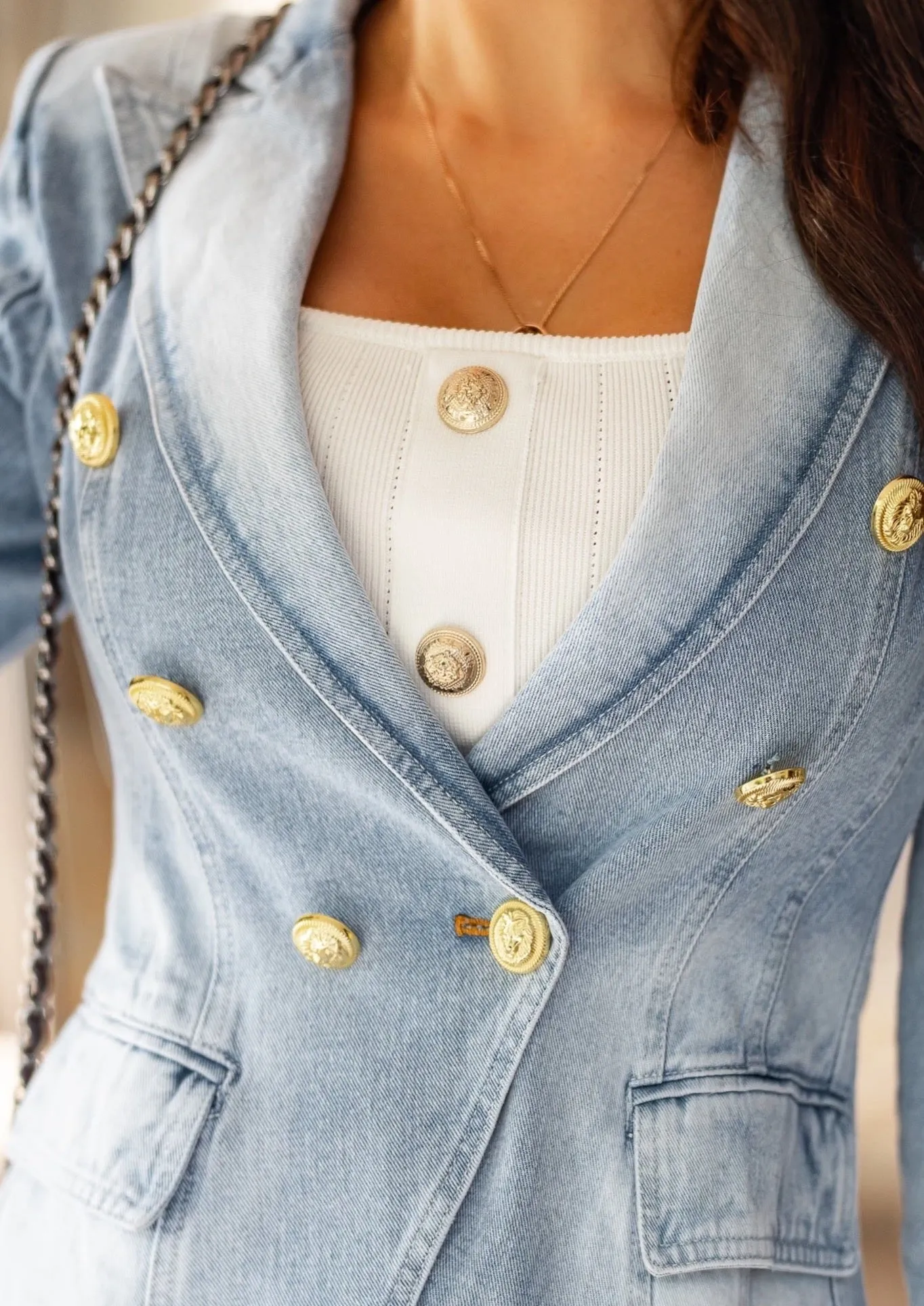 Light Blue Denim Double-Breasted Blazer
