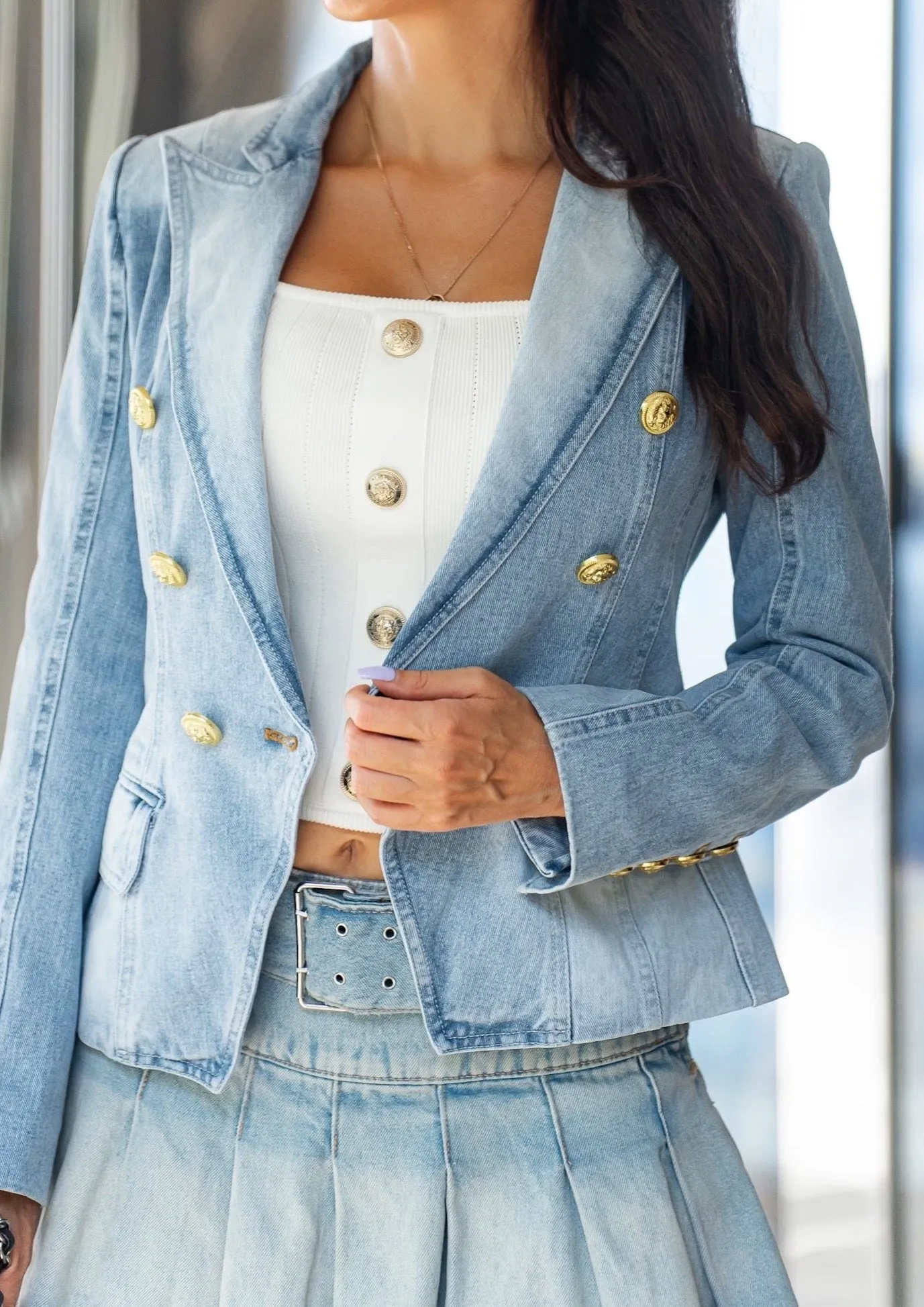 Light Blue Denim Double-Breasted Blazer