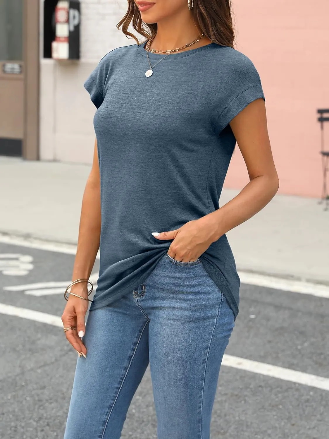LILLUSORY Womens Casual Summer Tops Cap Sleeve Spring T Shirts Business Dressy Basic Tee Trendy Fashion Clothes 2025