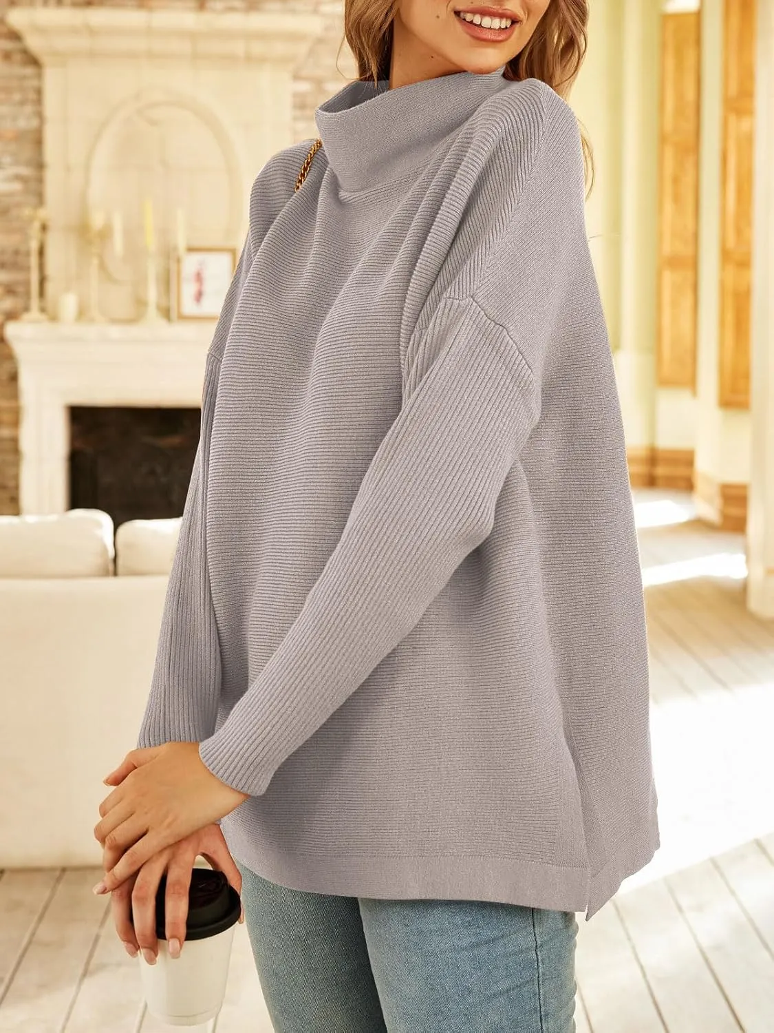 LILLUSORY Women's Mock Turtleneck Sweater Oversized Long Sleeve Casual Knit Pullover Tunic Tops Wear with Leggings