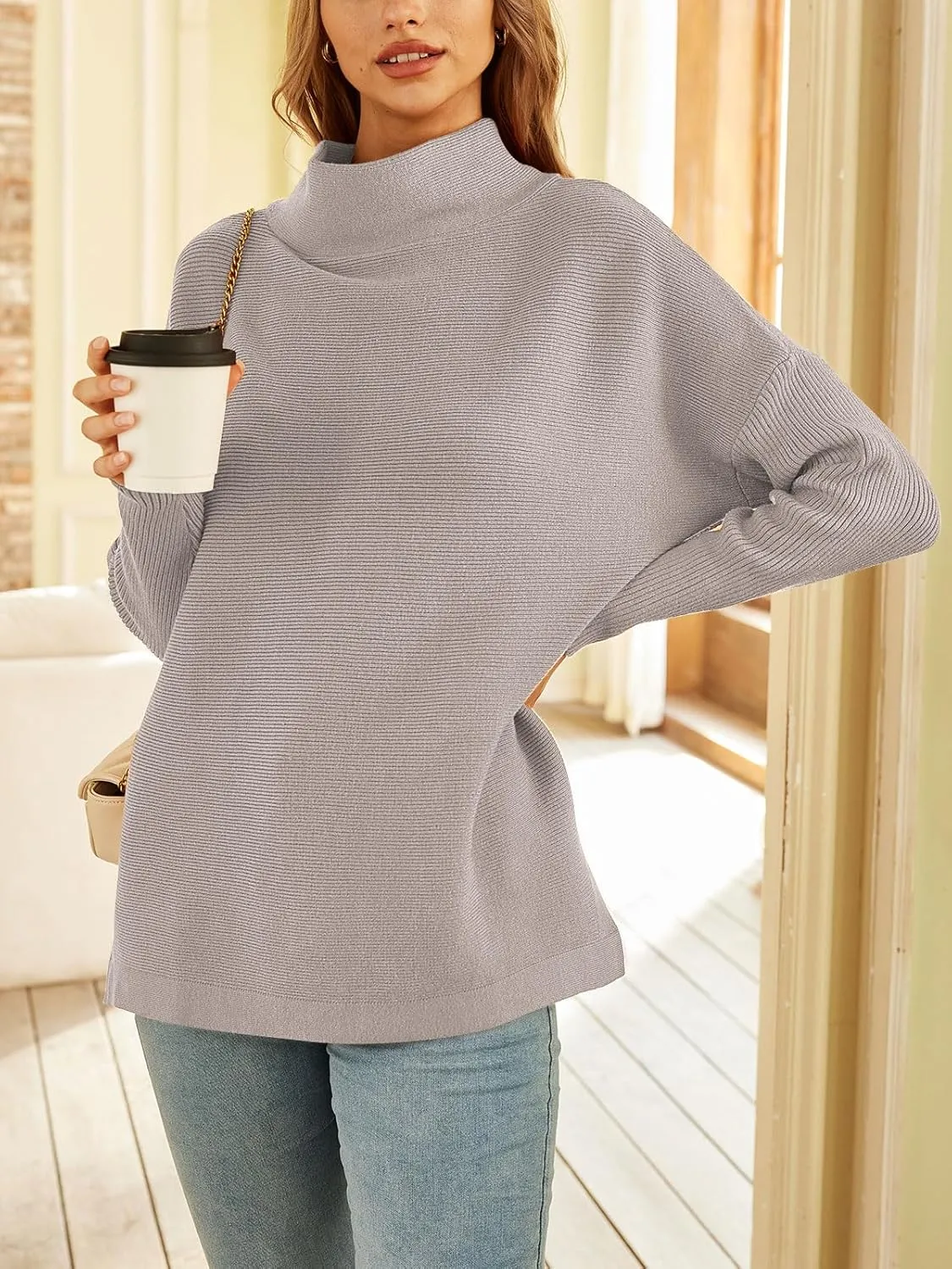 LILLUSORY Women's Mock Turtleneck Sweater Oversized Long Sleeve Casual Knit Pullover Tunic Tops Wear with Leggings