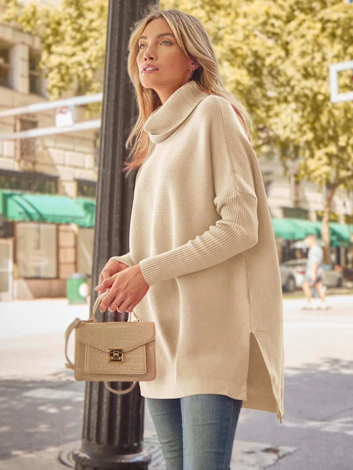 LILLUSORY Women's Turtleneck Oversized Sweaters Long Batwing Sleeve Spilt Hem Tunic Pullover Knit Tops