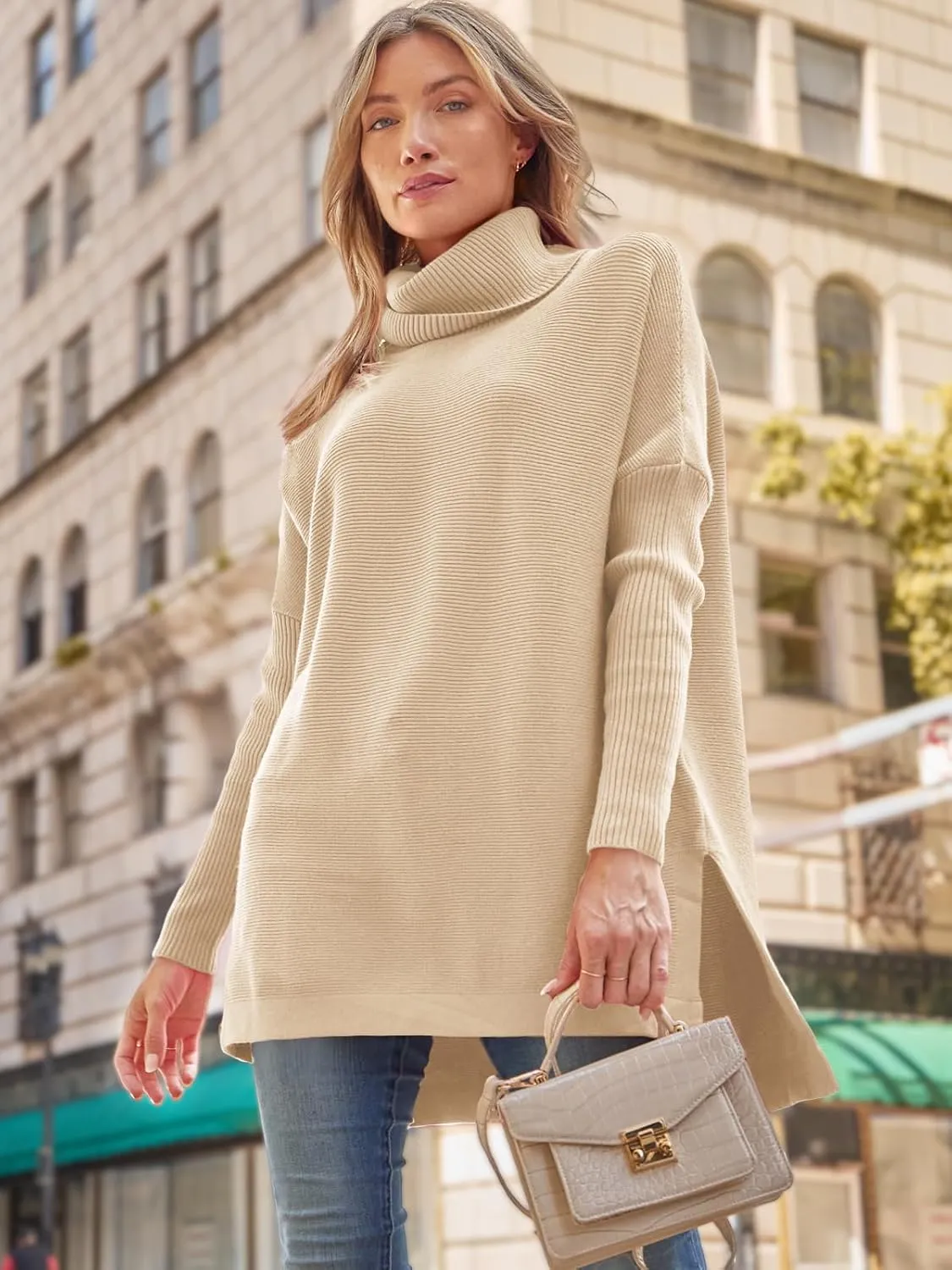 LILLUSORY Women's Turtleneck Oversized Sweaters Long Batwing Sleeve Spilt Hem Tunic Pullover Knit Tops