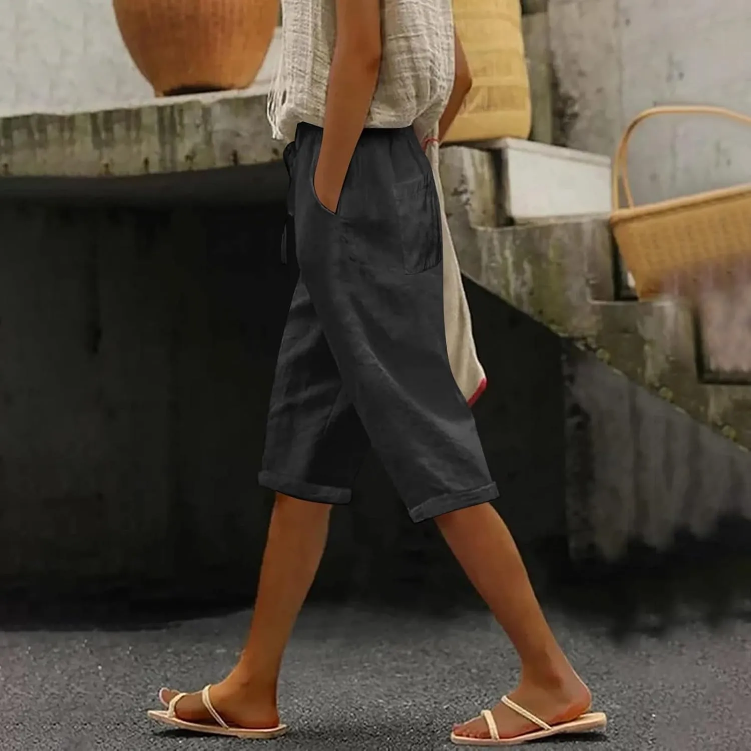 Linen Capri Pants for Women 2025 Ladies Loose Drawstring Casual Solid Color Petite Summer Beachwear Lightweight