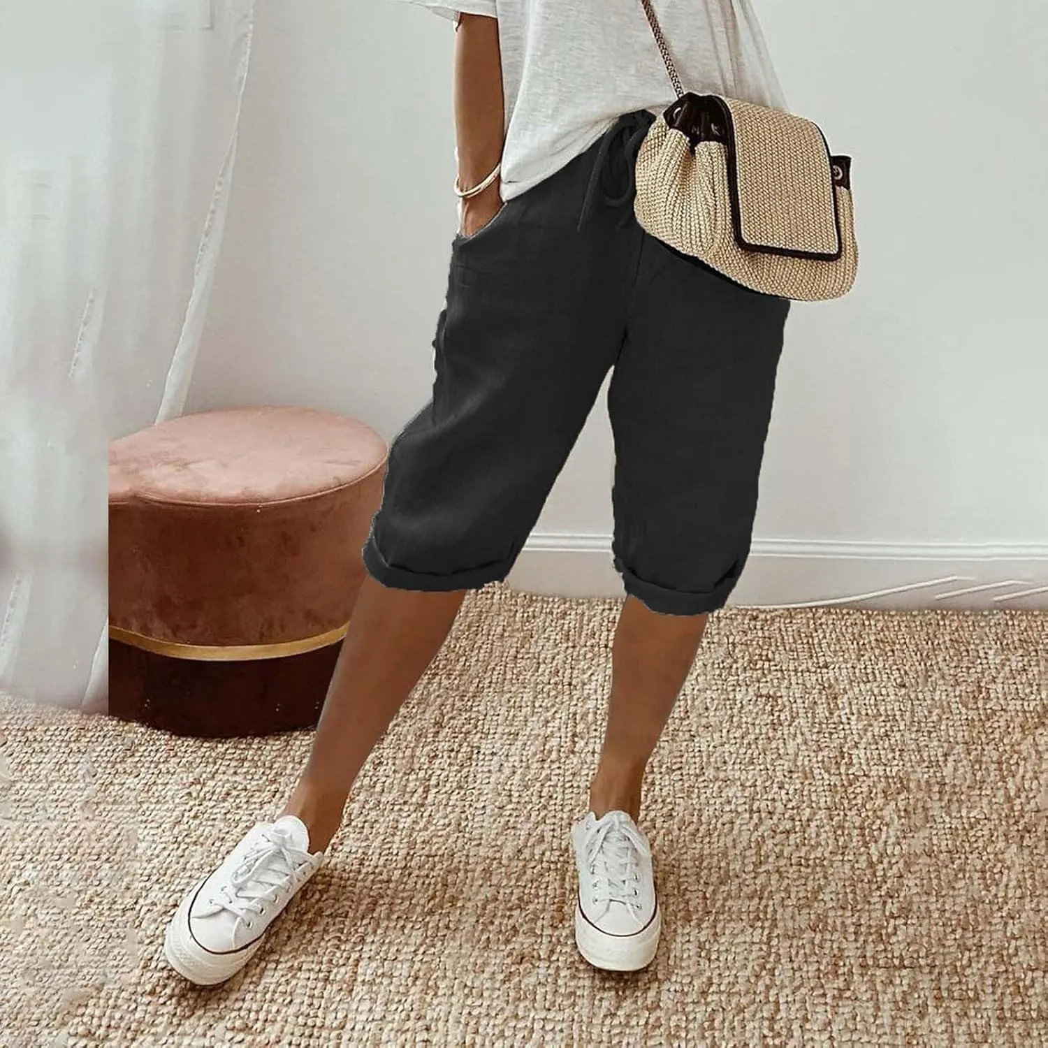Linen Capri Pants for Women 2025 Ladies Loose Drawstring Casual Solid Color Petite Summer Beachwear Lightweight