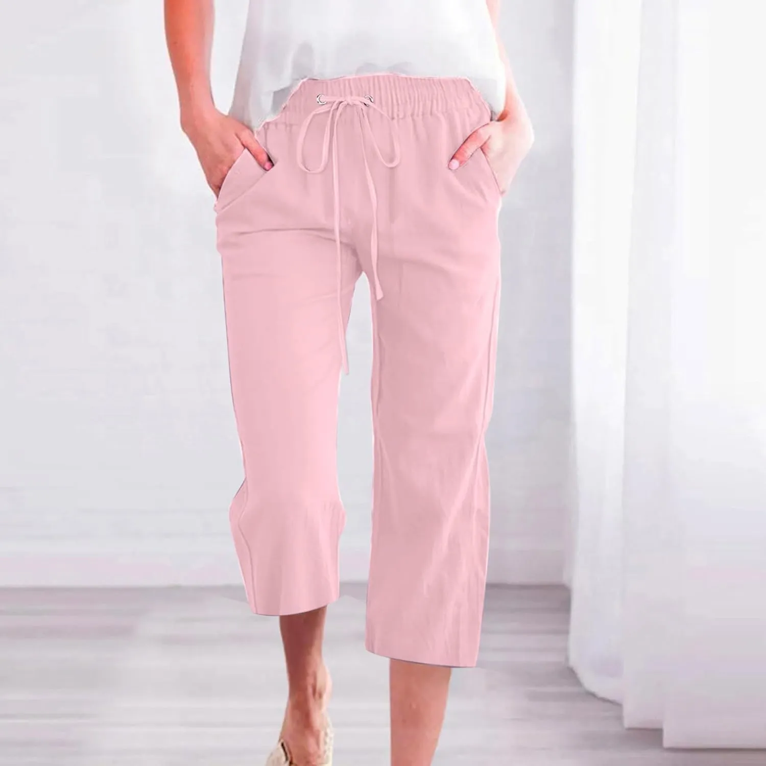 Linen Capri Pants for Women Casual Drawstring High Waisted Wide Leg Trousers Elastic Waist Loose Pants with Pockets