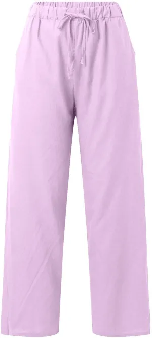 Linen Capri Pants for Women Summer 2025 Wide Leg Loose Drawstring Elastic Waist Cropped Trouser