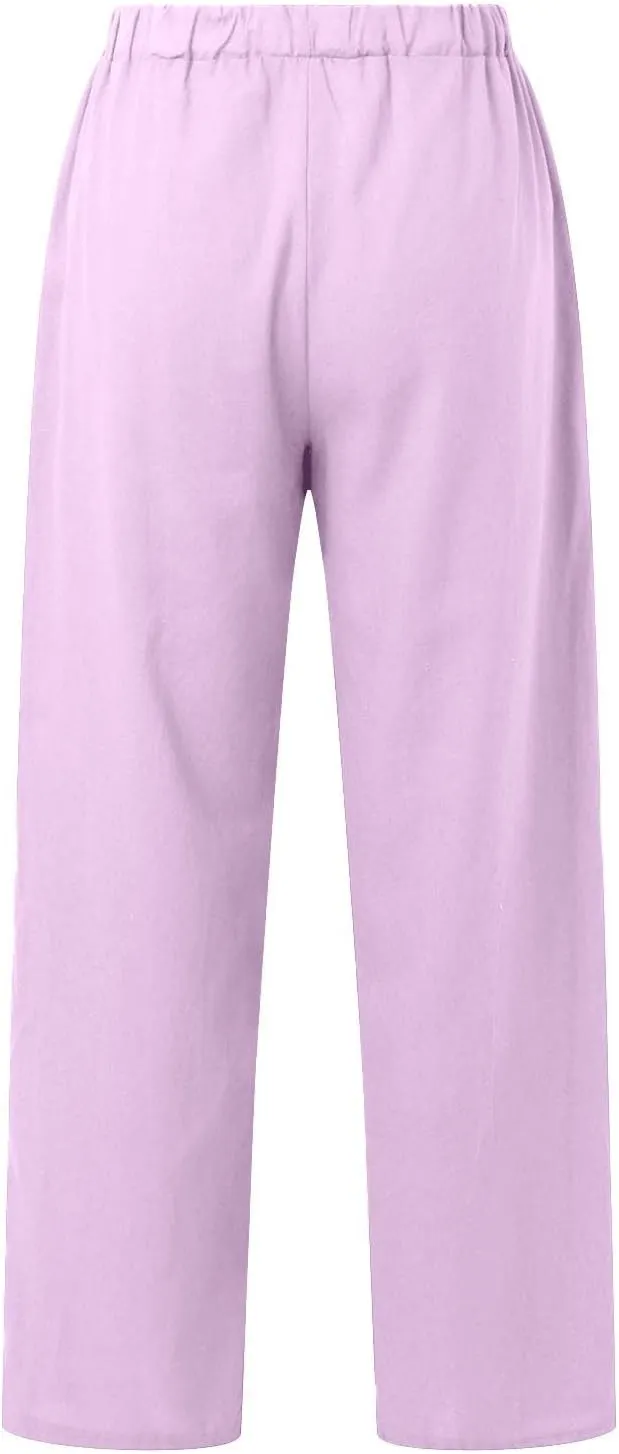 Linen Capri Pants for Women Summer 2025 Wide Leg Loose Drawstring Elastic Waist Cropped Trouser
