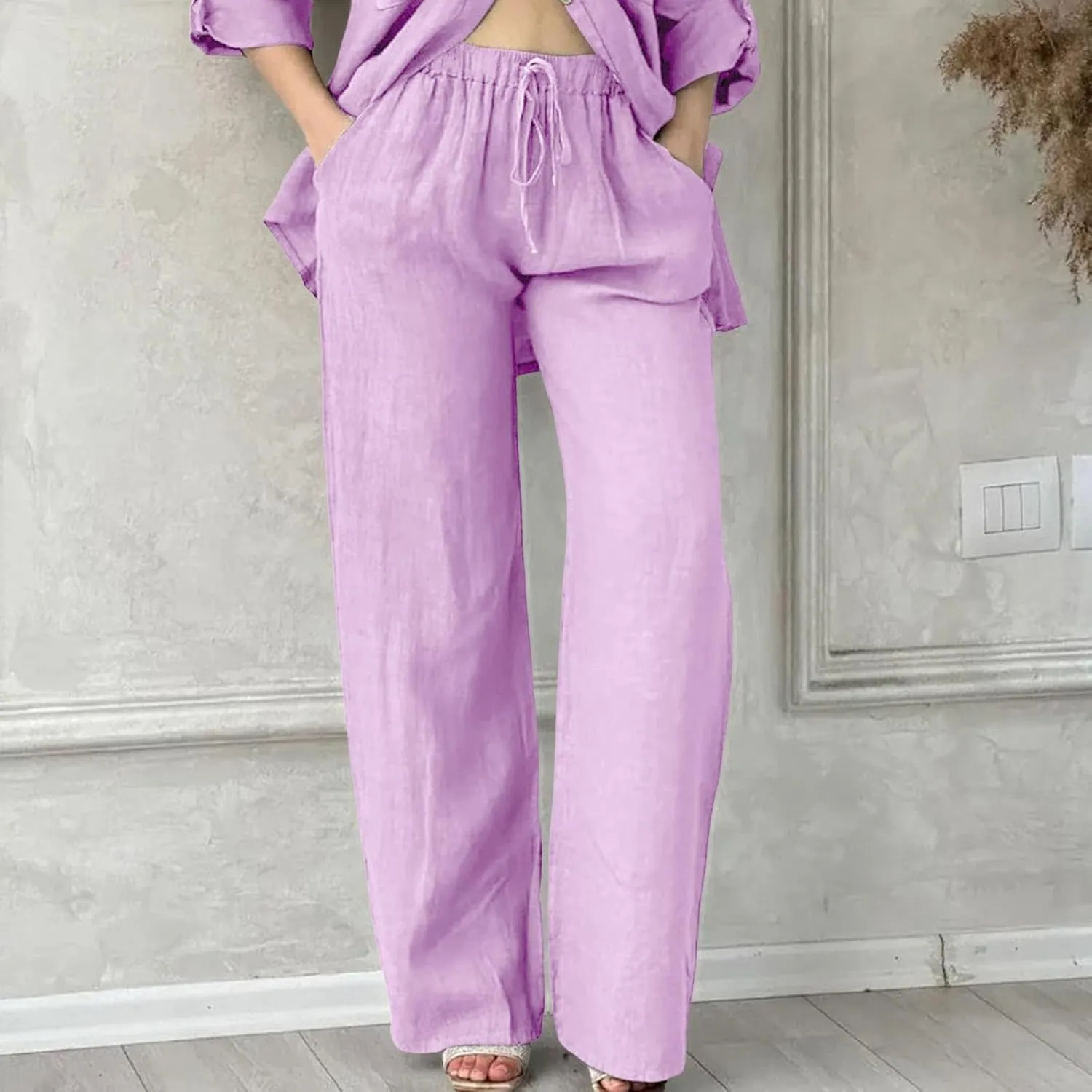 Linen Capri Pants for Women Summer 2025 Wide Leg Loose Drawstring Elastic Waist Cropped Trouser