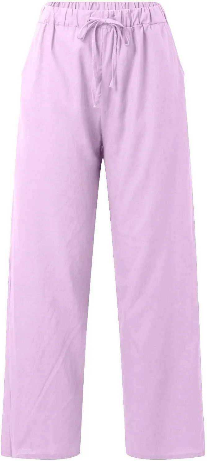 Linen Capri Pants for Women Summer 2025 Wide Leg Loose Drawstring Elastic Waist Cropped Trouser