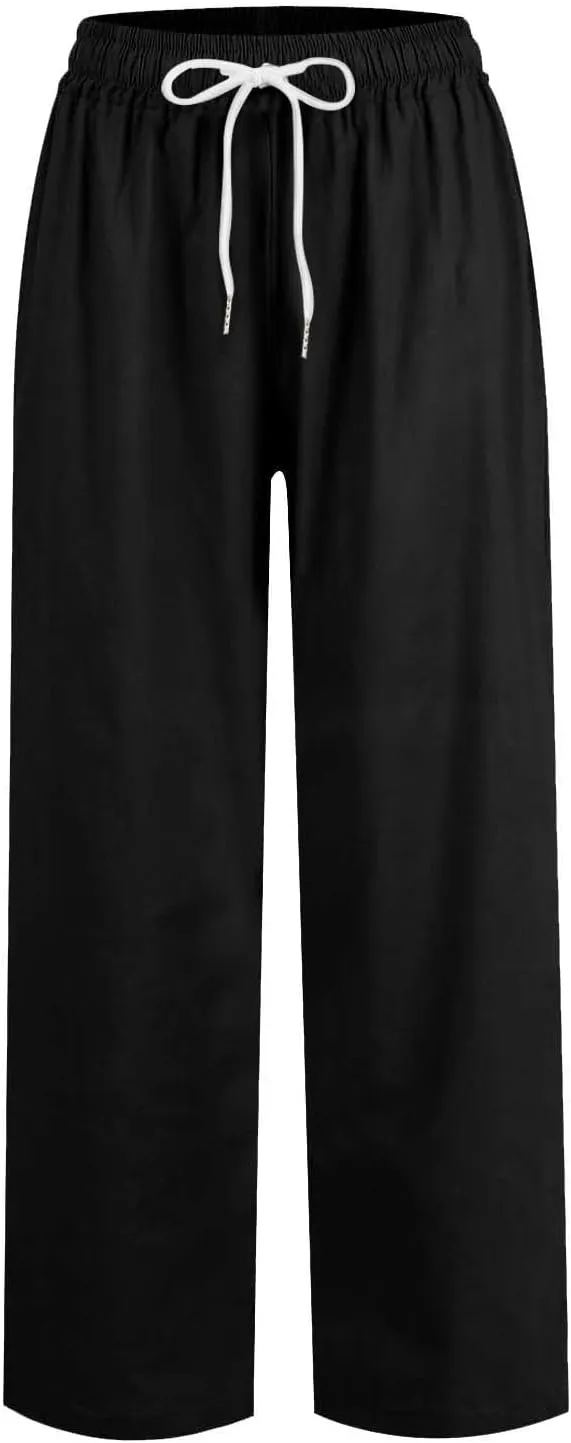 Linen Capri Pants Women Summer Wide Leg Cropped Pants Loose Cotton Ankle Trousers Elastic High Waist Workout Pants