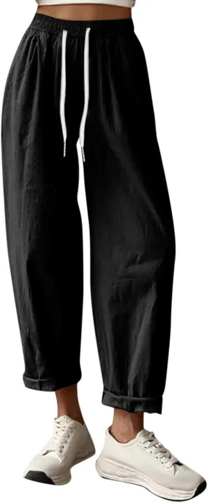 Linen Capri Pants Women Summer Wide Leg Cropped Pants Loose Cotton Ankle Trousers Elastic High Waist Workout Pants