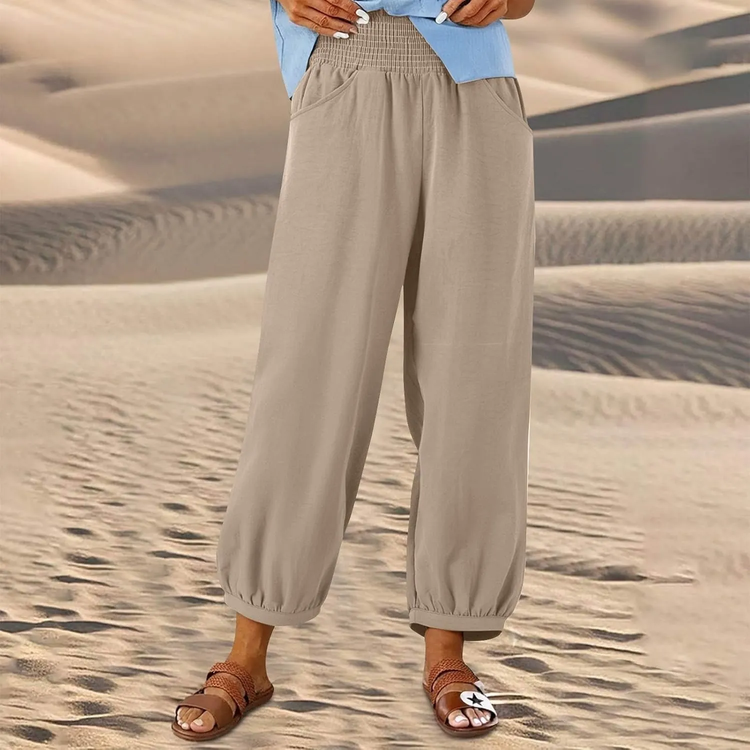 Linen Dress Pants Women Summer High Waisted Loose Fit Pants for Work Flowy Casual Harem Palazzo Trousers with Pockets