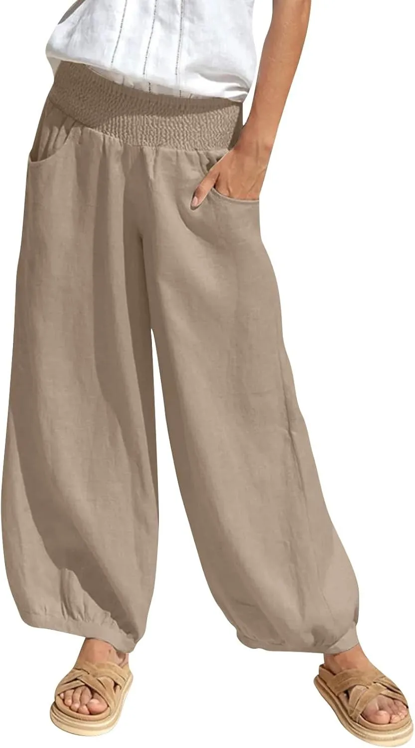 Linen Dress Pants Women Summer High Waisted Loose Fit Pants for Work Flowy Casual Harem Palazzo Trousers with Pockets