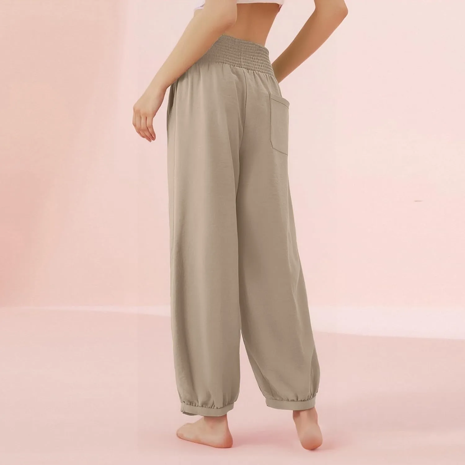 Linen Dress Pants Women Summer High Waisted Loose Fit Pants for Work Flowy Casual Harem Palazzo Trousers with Pockets