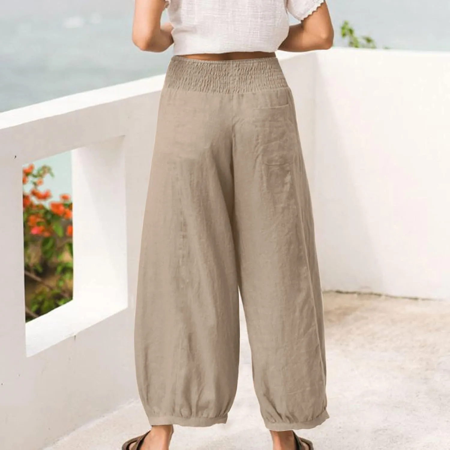 Linen Dress Pants Women Summer High Waisted Loose Fit Pants for Work Flowy Casual Harem Palazzo Trousers with Pockets