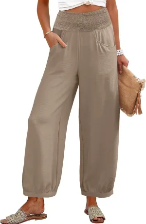 Linen Dress Pants Women Summer High Waisted Loose Fit Pants for Work Flowy Casual Harem Palazzo Trousers with Pockets