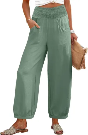 Linen Harem Pants Women with Pockets Wide Leg Elastic Waist Loose Fit Pants Petite Casual Palazzo Lantern Trousers