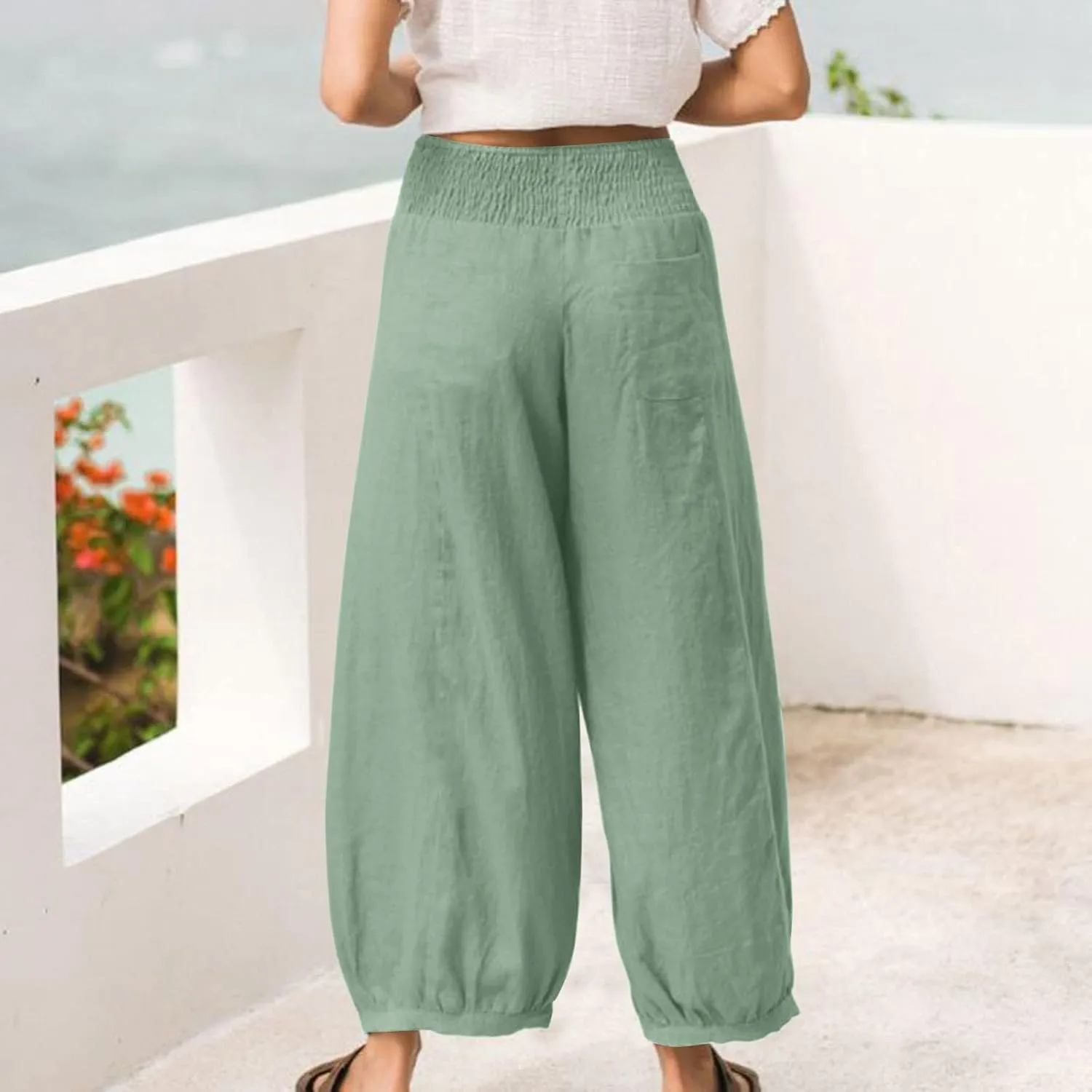 Linen Harem Pants Women with Pockets Wide Leg Elastic Waist Loose Fit Pants Petite Casual Palazzo Lantern Trousers