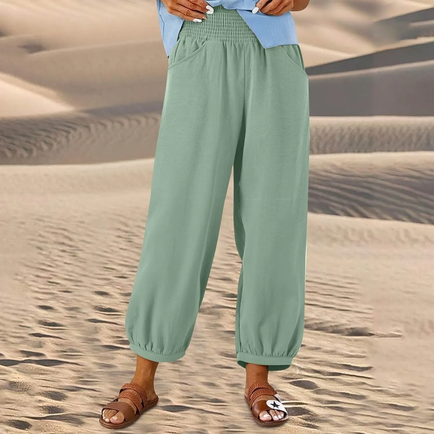 Linen Harem Pants Women with Pockets Wide Leg Elastic Waist Loose Fit Pants Petite Casual Palazzo Lantern Trousers