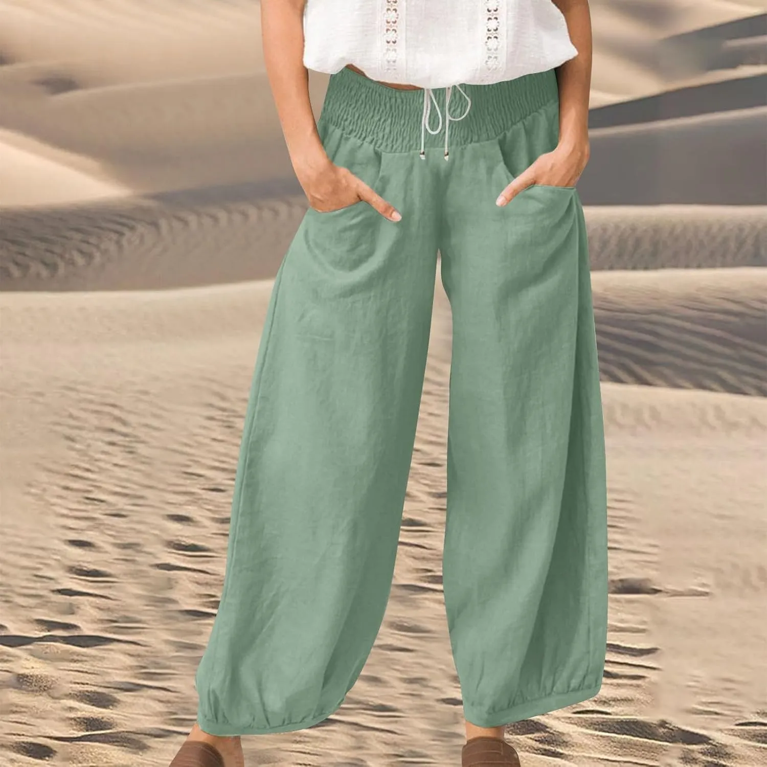 Linen Harem Pants Women with Pockets Wide Leg Elastic Waist Loose Fit Pants Petite Casual Palazzo Lantern Trousers