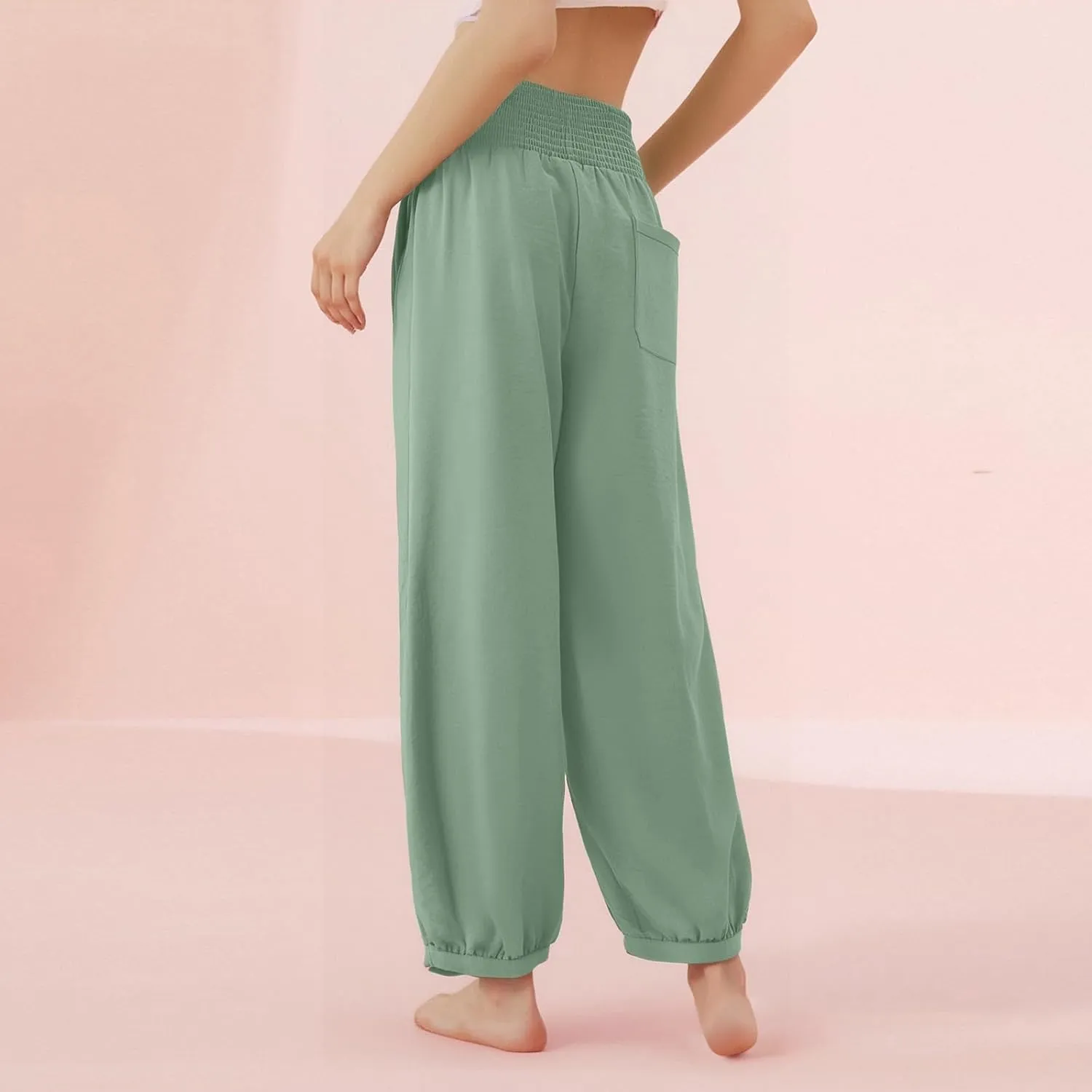 Linen Harem Pants Women with Pockets Wide Leg Elastic Waist Loose Fit Pants Petite Casual Palazzo Lantern Trousers