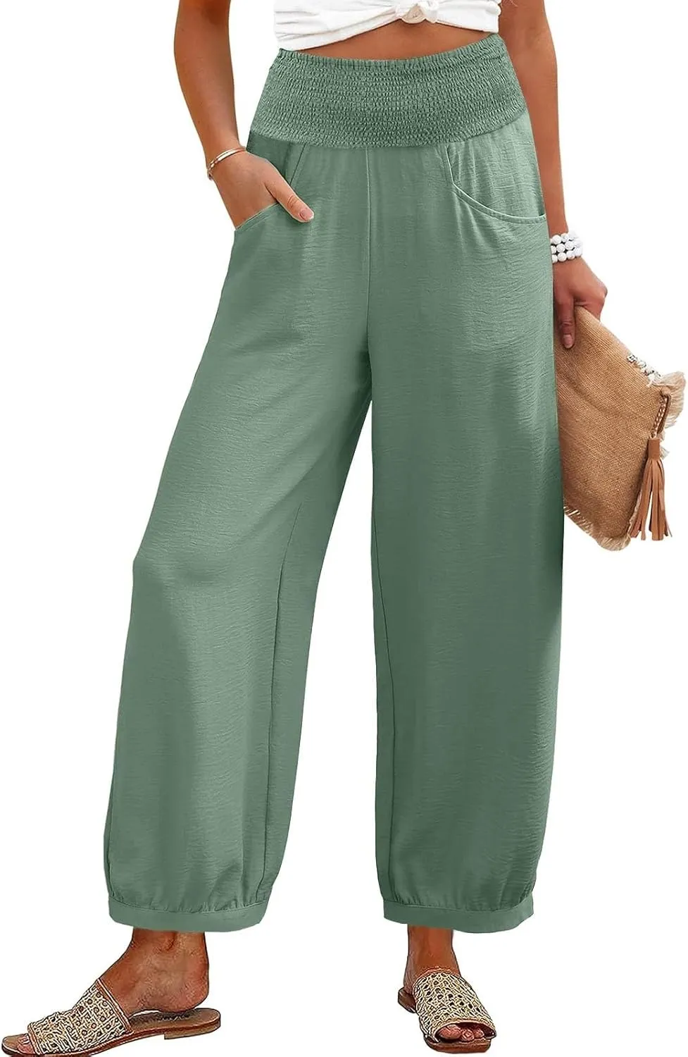 Linen Harem Pants Women with Pockets Wide Leg Elastic Waist Loose Fit Pants Petite Casual Palazzo Lantern Trousers