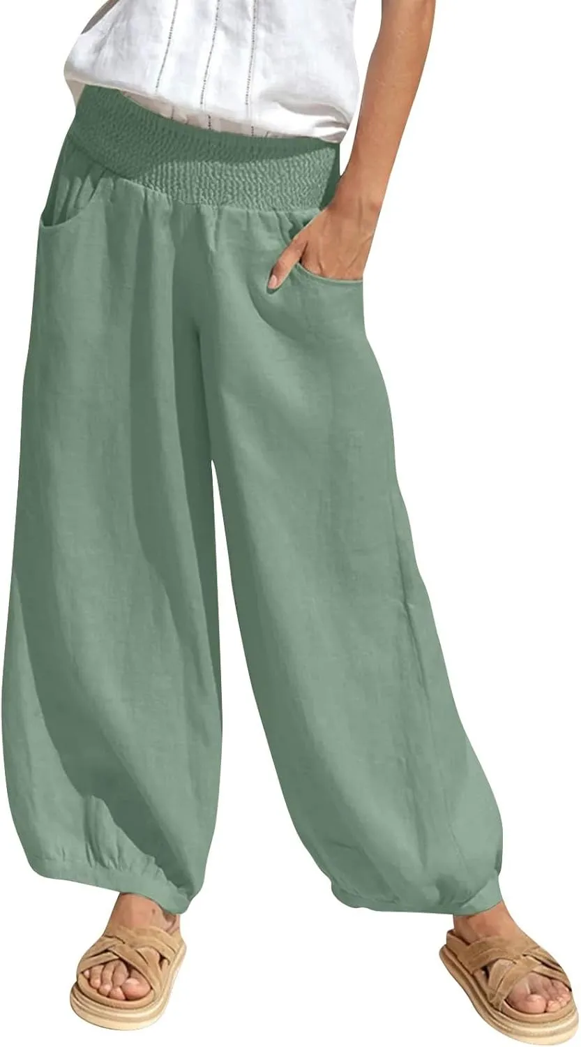 Linen Harem Pants Women with Pockets Wide Leg Elastic Waist Loose Fit Pants Petite Casual Palazzo Lantern Trousers