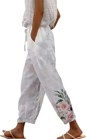 Linen Palazzo Pants for Women, Cotton Dress Pants for Women, Capri High Waisted Elastic Waist Trousers Loose Summer Beach Lounge Trousers Pantalones De Lino Yellow X-Large