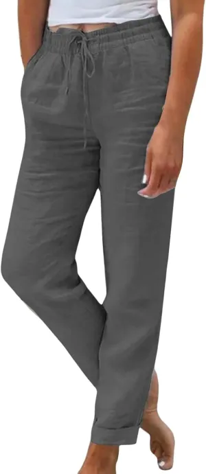 Linen Pants for Women Baggy Wide Leg Pants Elastic Waist Straight Leg Casual Cotton Linen Pants Summer Outfits Lounge Sets