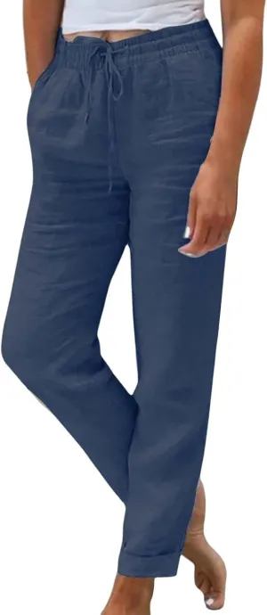 Linen Pants for Women Baggy Wide Leg Pants Elastic Waist Straight Leg Casual Cotton Linen Pants Summer Outfits Lounge Sets