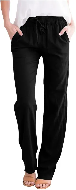 Linen Pants for Women Summer 2025 Drawstring Elastic Waist Pants High Waisted Wide Leg Pants Trousers with Pockets